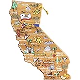 Totally Bamboo California State Shaped Cutting Board and Charcuterie Serving Platter with Artwork by Fish Kiss, Includes Hang Tie for Wall Display