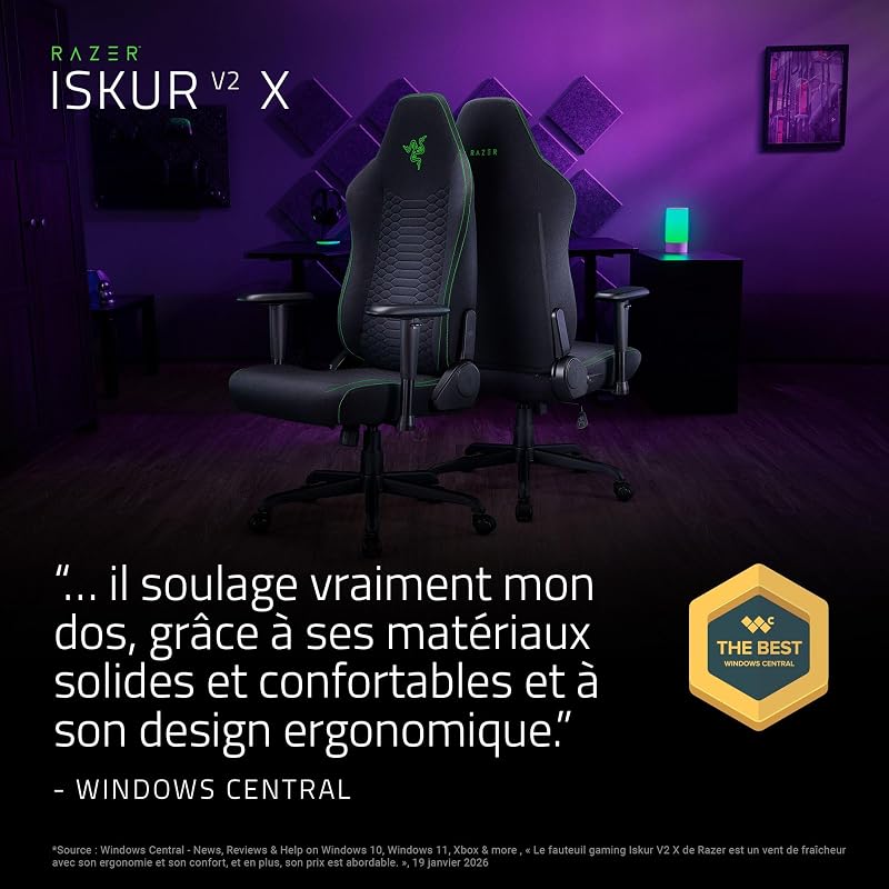 Iskur V2 X - Essential Gaming Chair avec Support Lombaire intégré (Coussins en Mousse moulée Haute densité, accoudoirs en 2D, Tissu avec Finition Douce) Noir