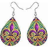 Mardi Gras Teardrop Earrings - Glitter Fleur-de-Lis Design - Festive Lightweight Dangle Jewelry for Women - Carnival Party Accessories