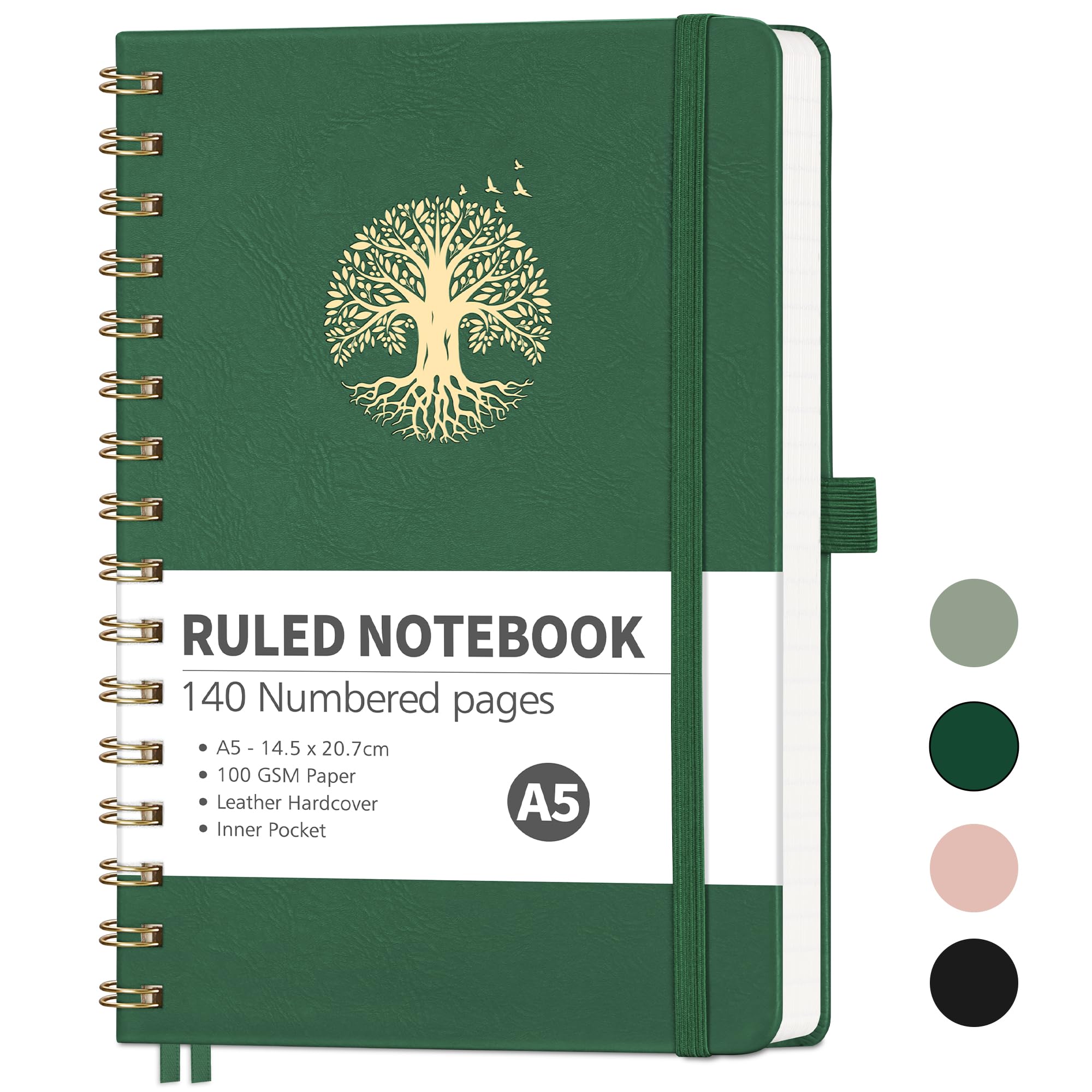 RETTACY A5 Notebook-Spiral College Ruled Notebook Journals for women,140 Numbered Pages Note Pad with 100GSM Premium Paper for Writingk,Inner Pocket,Sticky Notes,14.5 x 20.7cm - DarkGreen