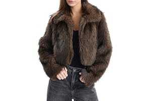 Amazhiyu Women's Cropped Coat Fleece Open Front Lapel Faux Fur Coat with Pockets