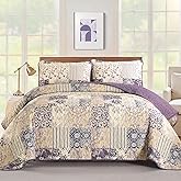 Drucon Purple Quilt Set King Size, Patchwork Pattern Spring Summer Bedspread Bedding Set, 3 Pieces Soft Lightweight Plaid Coverlet with 2 Pillow Shams for All Season 104x90 Inch