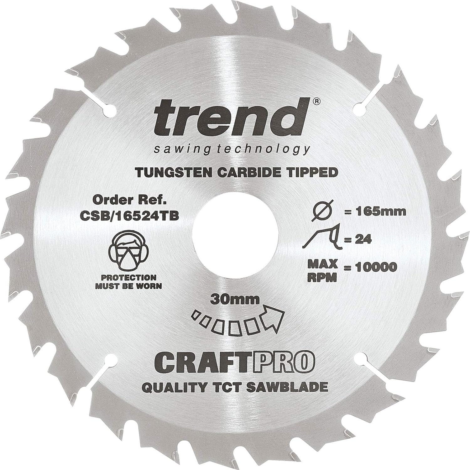 Trend Wood Cordless Circular Saw Blade, 165mm Diameter, 30mm Bore, 24 Teeth, 1.5mm Kerf, +15° Hook, TCT, Medium Finish, CSB/16524TB