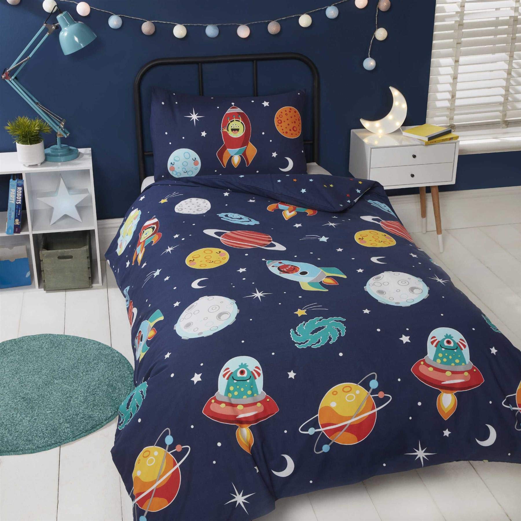 Rapport Home Kids Space and Aliens 3 Piece Double Duvet Cover Set Dark Blue Planets and Galaxies Childrens Double Bedding Set