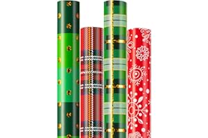 NOVNSOI Christmas Wrapping Paper (4 Rolls: 93 sq. ft. ttl) Funny Reindeer, Christmas Tree - 17 inches x 16.5 feet Per Roll