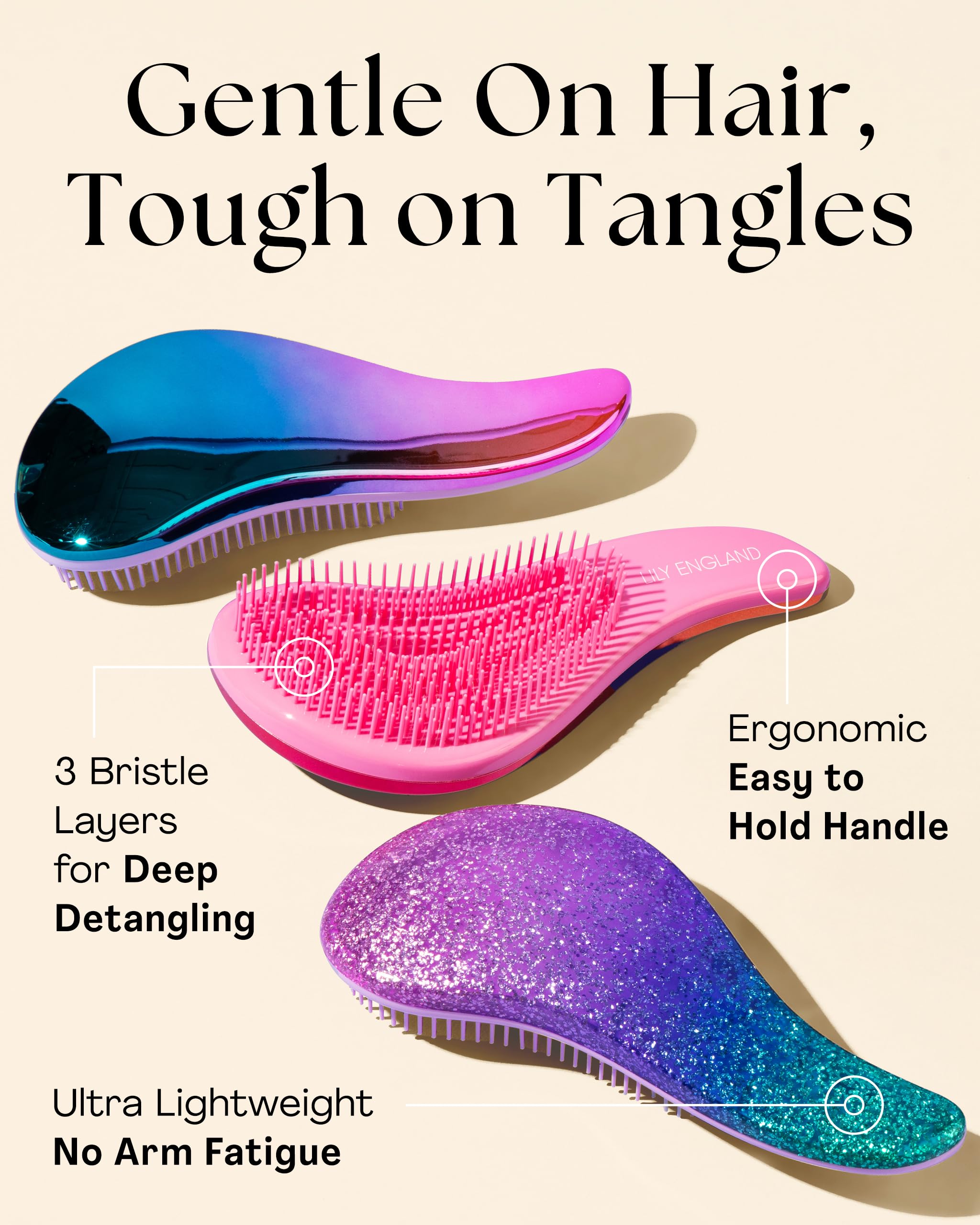 Lily England Detangler Hair Brush for Curly, Thick, Straight & Natural Hair - Gentle Detangling Brush for Women, Kids & Toddlers with Flexible Bristles - Smooth Hairbrush for Wet & Dry Hair, Ombre