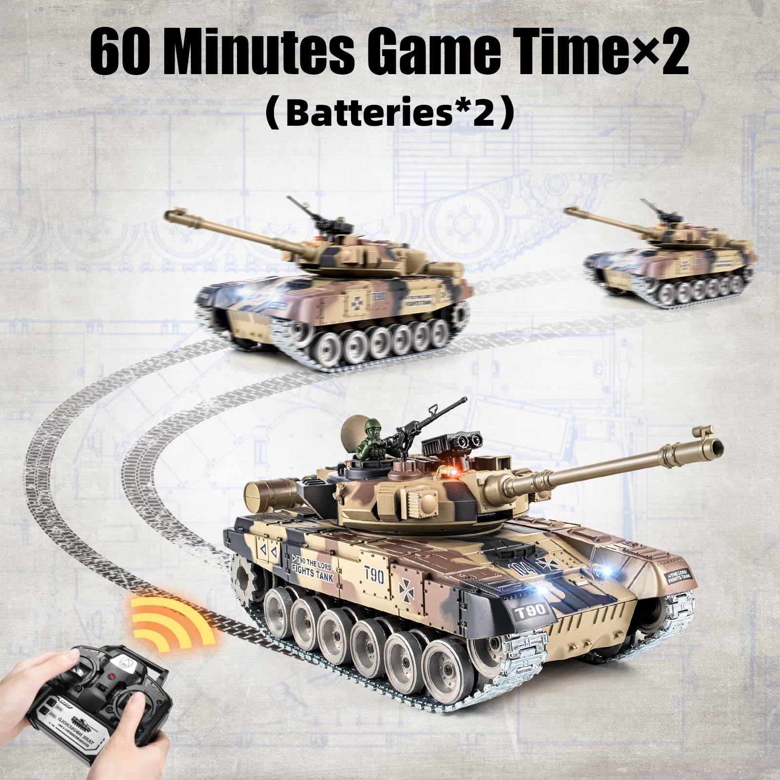 Supdex RC Tank, 1:18 Russian T-90 Metal Tracks Remote Control Model Tank Toys, 2.4Ghz Army Toys with Smoke, Sound and Light, RC Military Vehicle That Shoots BBS and Water Bullets for Adults and Kids