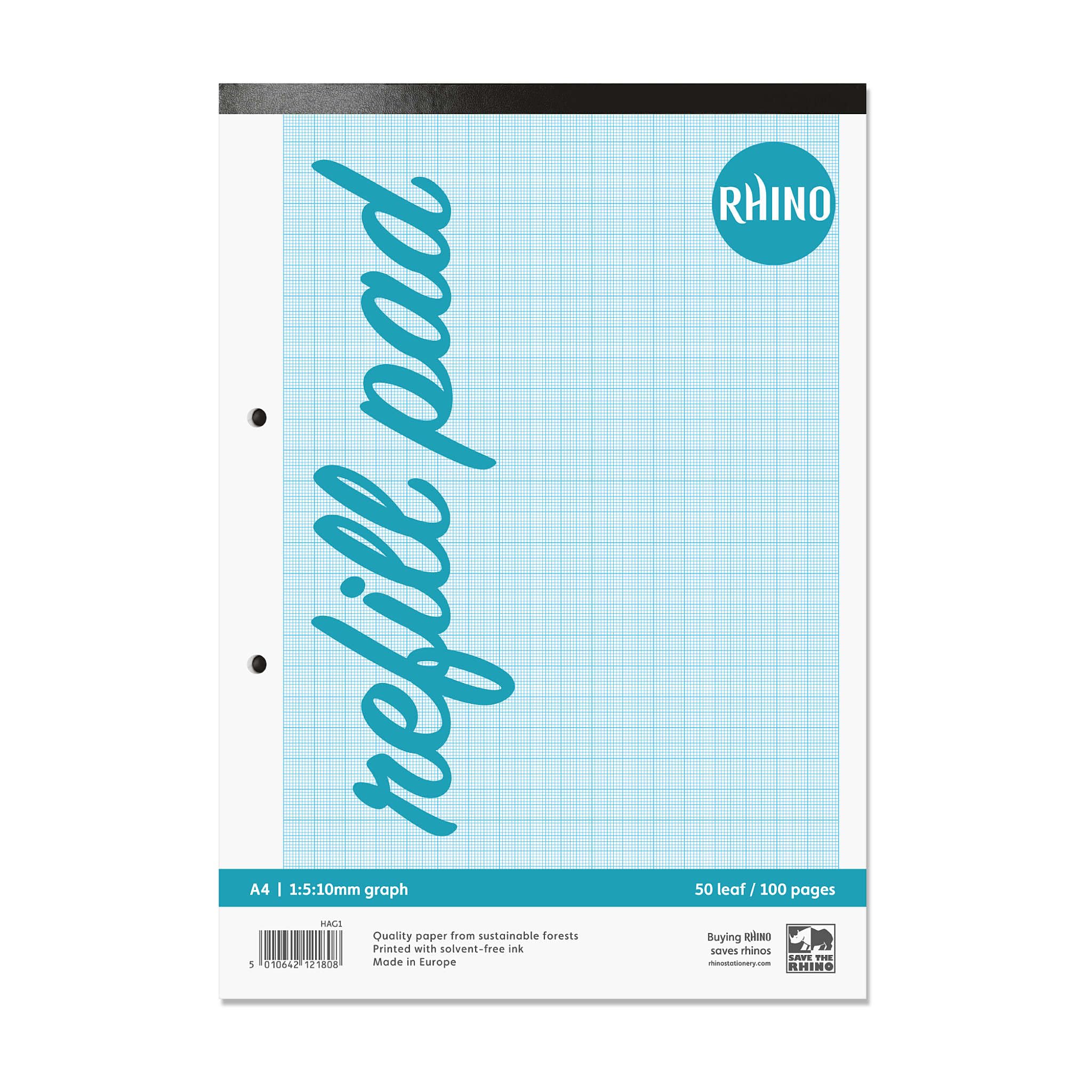 RHINO Graph Paper A4 Pad, 100 Page / 1:5:10mm Ruling, 1 Pack, Grid Paper Pad, for Maths & Science, Office & School Stationery Supplies