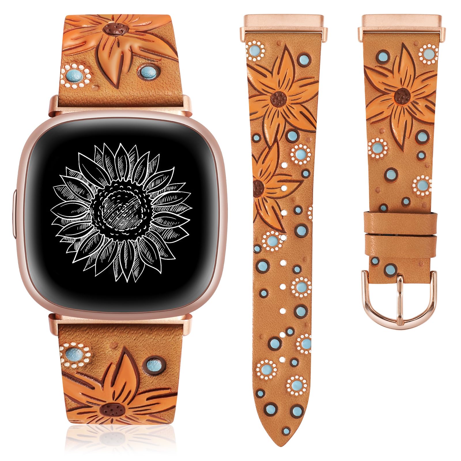 Photo 1 of Minyee Leather Band Compatible with Fitbit Versa 4/Versa 3/Fitbit Sense 2/Sense Band Women, Boho Western Embossed Sunflower Floral Designer Cute Fancy Slim Thin Leather Strap for Versa 4,Brown/Orange
