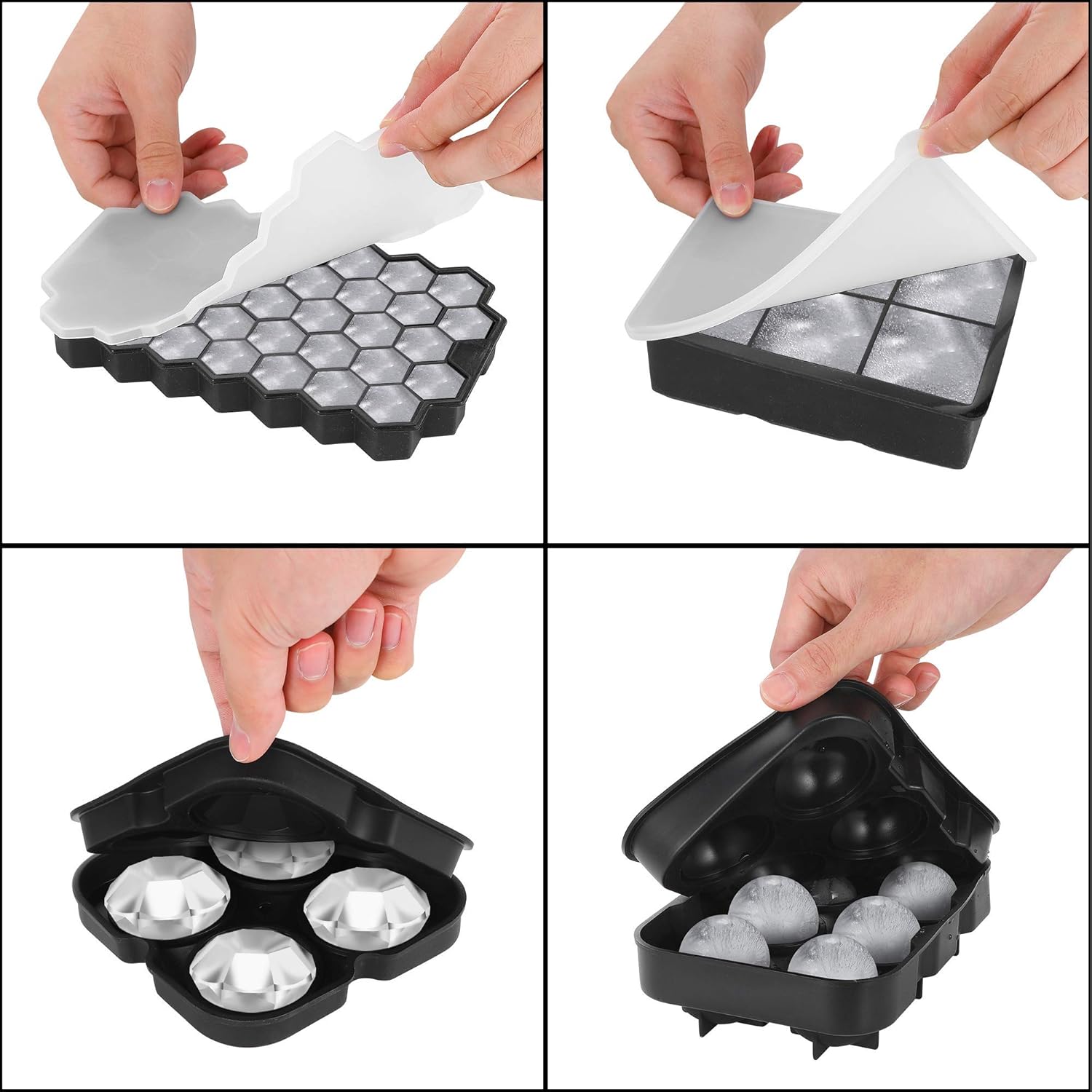 Ice Cube Tray, Silicone Ice Cube Molds for Freezer with Lid (Set of 4) - Sphere Ice Ball, Large Square, Diamond Cut & Hexagonal Shapes Ice Maker for Whiskey, Reusable and BPA Free: Kitchen & Dining