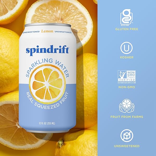 SPINDRIFT SPARKLING WATER, LEMON FLAVORED, MADE WITH REAL SQUEEZED FRUIT, 12 FL OZ CANS, PACK OF 24 (ONLY 3 CALORIES PER CAN)