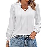 Uhiger Womens Tunic Tops 3/4 Sleeve Blouses for Women Dressy Casual V Neck Shirts Drawstring Smocked Top