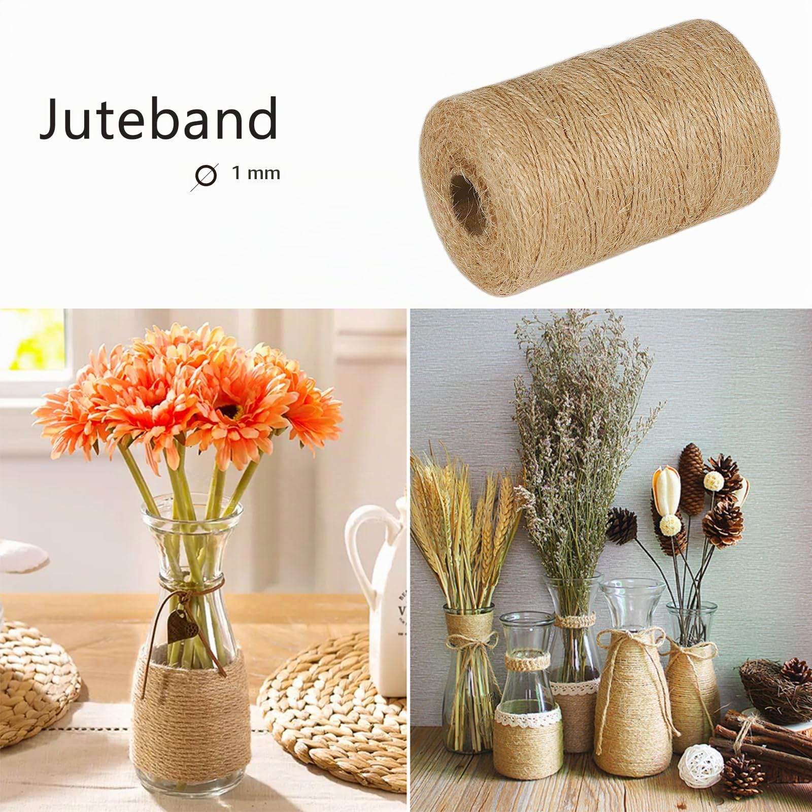 Garten Juteschnur 1mm Dicke paketschnur,Bindegarn,500M Gartenschnur,Bastelschnur Kordel Rolle mit,100% Jutegarn Naturfarbe 4