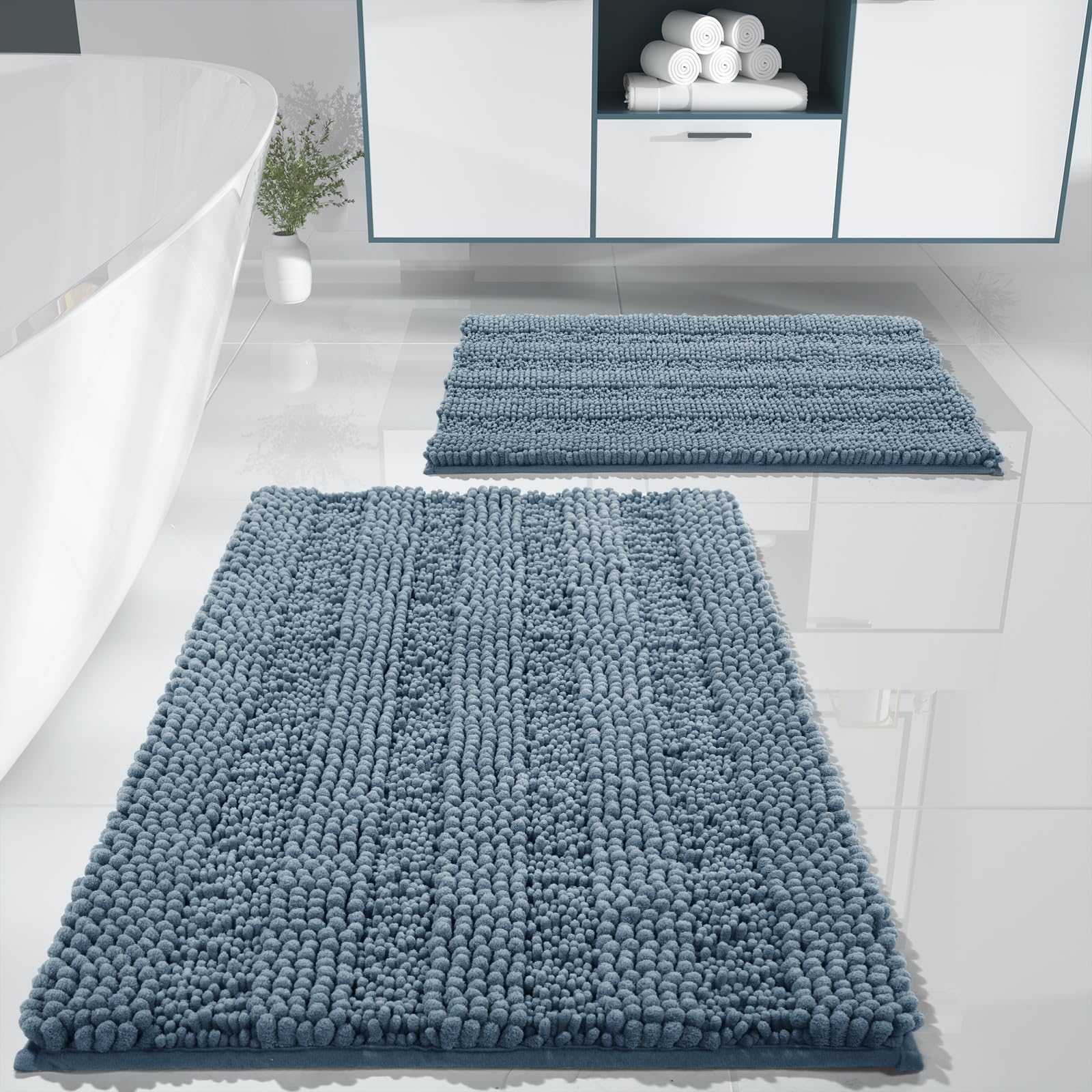 Photo 1 of Yimobra Bathroom Rug Set 2 Piece, Soft Absorbent Chenille Bath Mat Set, Non Slip Machine Washable Quick Dry, Plush Shower Rugs for Bathroom Floor Sink Tub, 32"x20"+24"x17", Denim Blue
