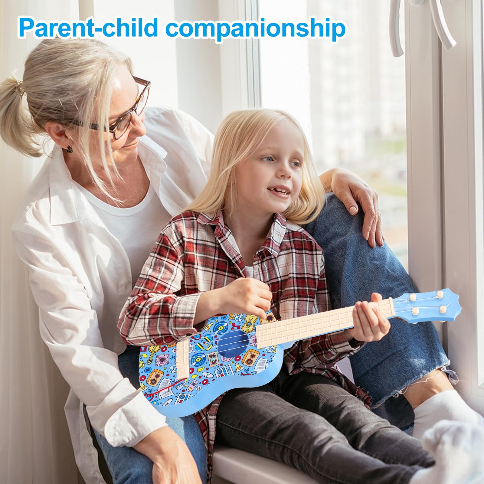 LeeQee 21in Colorful Graffiti Ukulele Guitar, 4 Strings Musical Instruments Learning Educational Toys with Picks for 3-12 Kids Toddler Boys Girls (Blue)