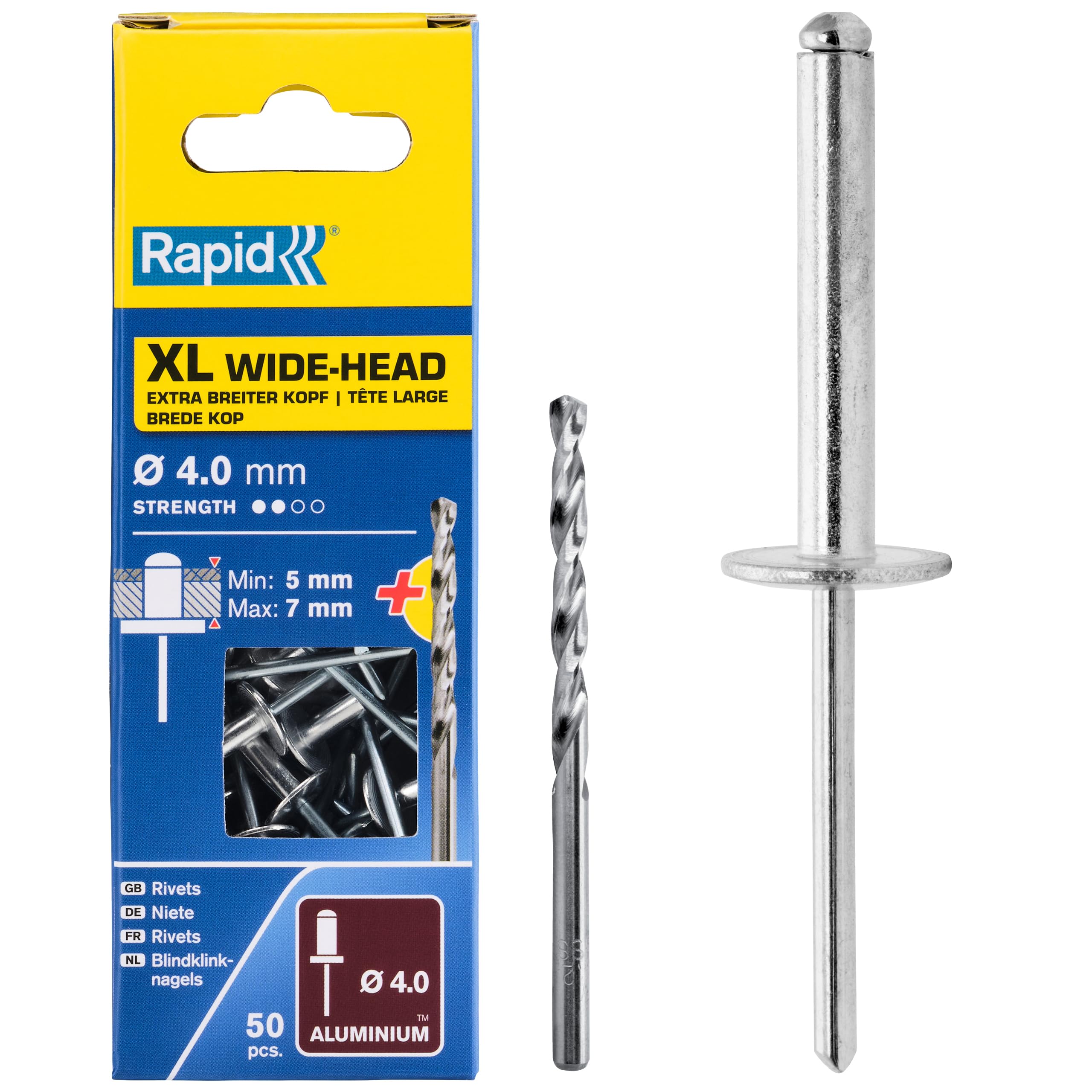 Rapid XL Rivets Including Drill Bit, Ø4 x 10 mm, Pack of 50, 5000660