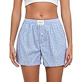 Viakeo Womens Cotton Boxer Pajama Shorts Gingham Summer Lounge Sleep Plaid Shorts Y2K Beach Bottoms with Pockets