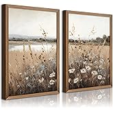 Wildflower Botanical Wall Art Decor Set of 2 Vintage Canvas Wall Decor Landscape Field Wall Art Pictures Farmhouse Prints Landscape Painting Vintage Artwork for Room Bedroom 16x24 Inch UNFRAMED
