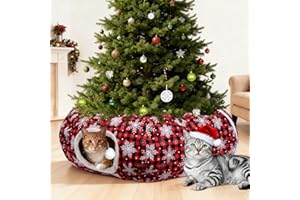 Cat Tunnel for Christmas Tree – Decorative Tree Skirt Tunnel, Foldable Cat Tunnel Bed for Under Tree with Soft Cushion & Hang