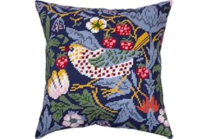 BRVSK Tapestry Needlepoint Kit for Adults and Beginners — Strawberry Thief by William Morris 16″ × 16″ with Clear, Precise Printed Design on Cotton Canvas; Includes 2 Needles, Yarn, and Easy-Read Chart