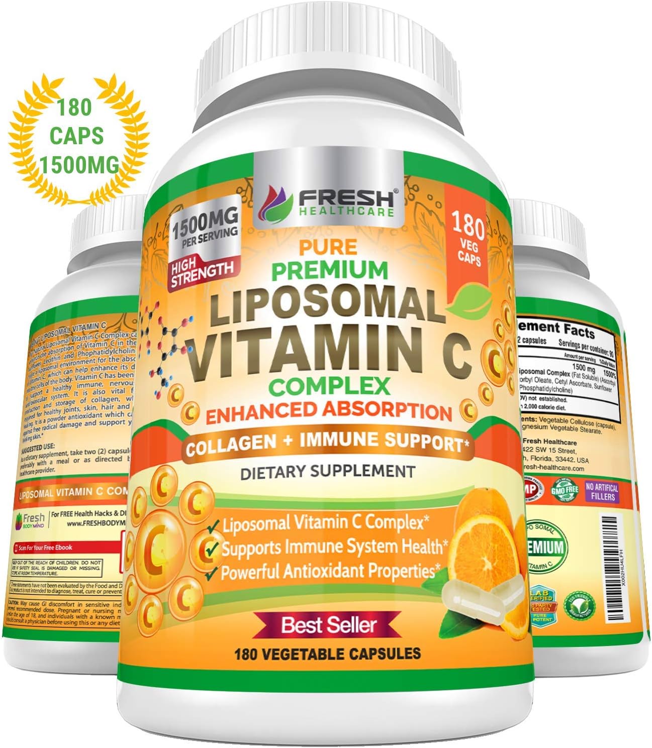 Fresh Healthcare Liposomal Vitamin C 1500mg, 180 Vegan Capsules - Immune Health Support, High Absorption & Bioavailability, Fat Soluble VIT C, Collagen Booster, Non-GMO, 180 Capsule Powder Supplement