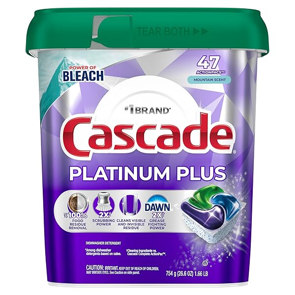 CASCADE PLATINUM PLUS DISHWASHER PODS, DISHWASHER DETERGENT, DISH DETERGENT SOAP, MOUNTAIN, 47 COUNT