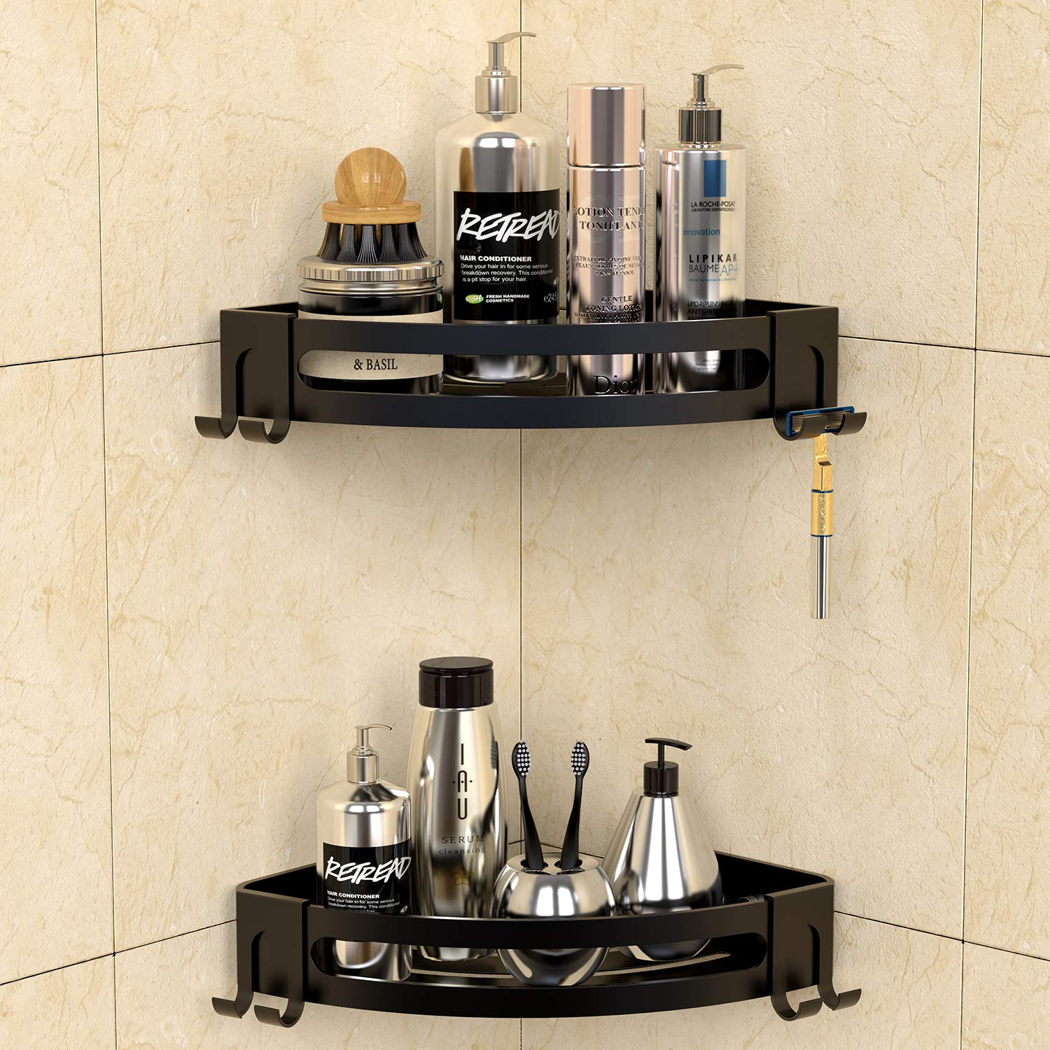 Photo 1 of Bakzon Corner Shower Caddy, Shower Shelf Corner No Drilling Bathroom Shower Organizer Storage Rack Adhesive with Razor Holder, 2 Pack, Black