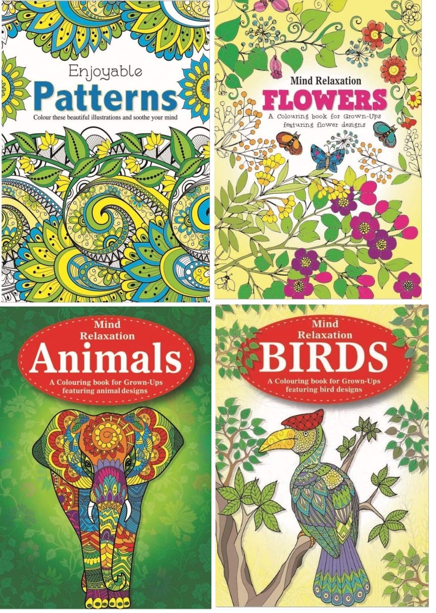 BG A4 Adult Anti-Stress Colouring Book Set of 4 Books - Flowers, Patterns, Animals & Birds