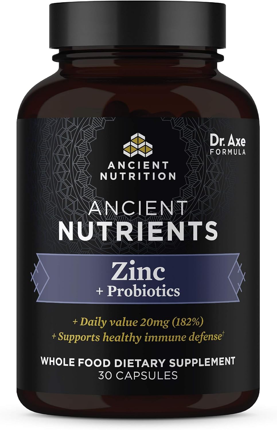 Zinc + Probiotics, 20 mg, Ancient Nutrients Zinc Whole Food Dietary Supplement, Formulated by Dr. Josh Axe, Immune System Support, Made Without GMOs, Superfood Supplement, 30 Capsules