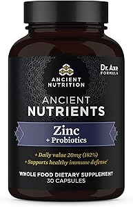 Zinc + Probiotics, 20 mg, Ancient Nutrients Zinc Whole Food Dietary Supplement, Formulated by Dr. Josh Axe, Immune System Support, Made Without GMOs, Superfood Supplement, 30 Capsules