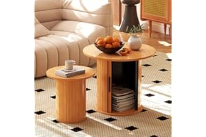 COSVALVE Nesting Coffee Table Set of 2 with Hidden Storage & Sliding Door, Circle Wood Coffee Table, Farmhouse Side & End Table Sets for Living Room, Small Spaces, Natural