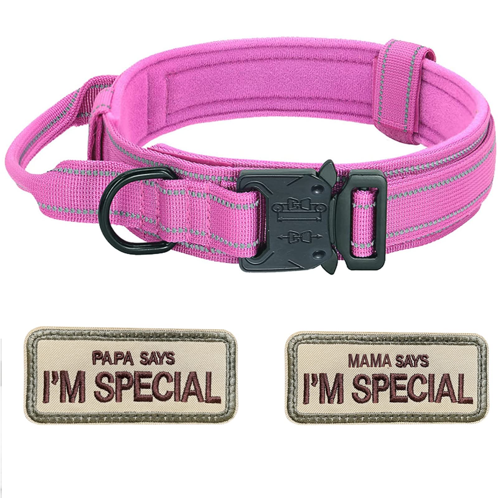 Tactical Dog Collar for Large, Medium Dog, Military Dog Collar Heavy Duty With 2 Patch, L （18"-21.5"）,Pink