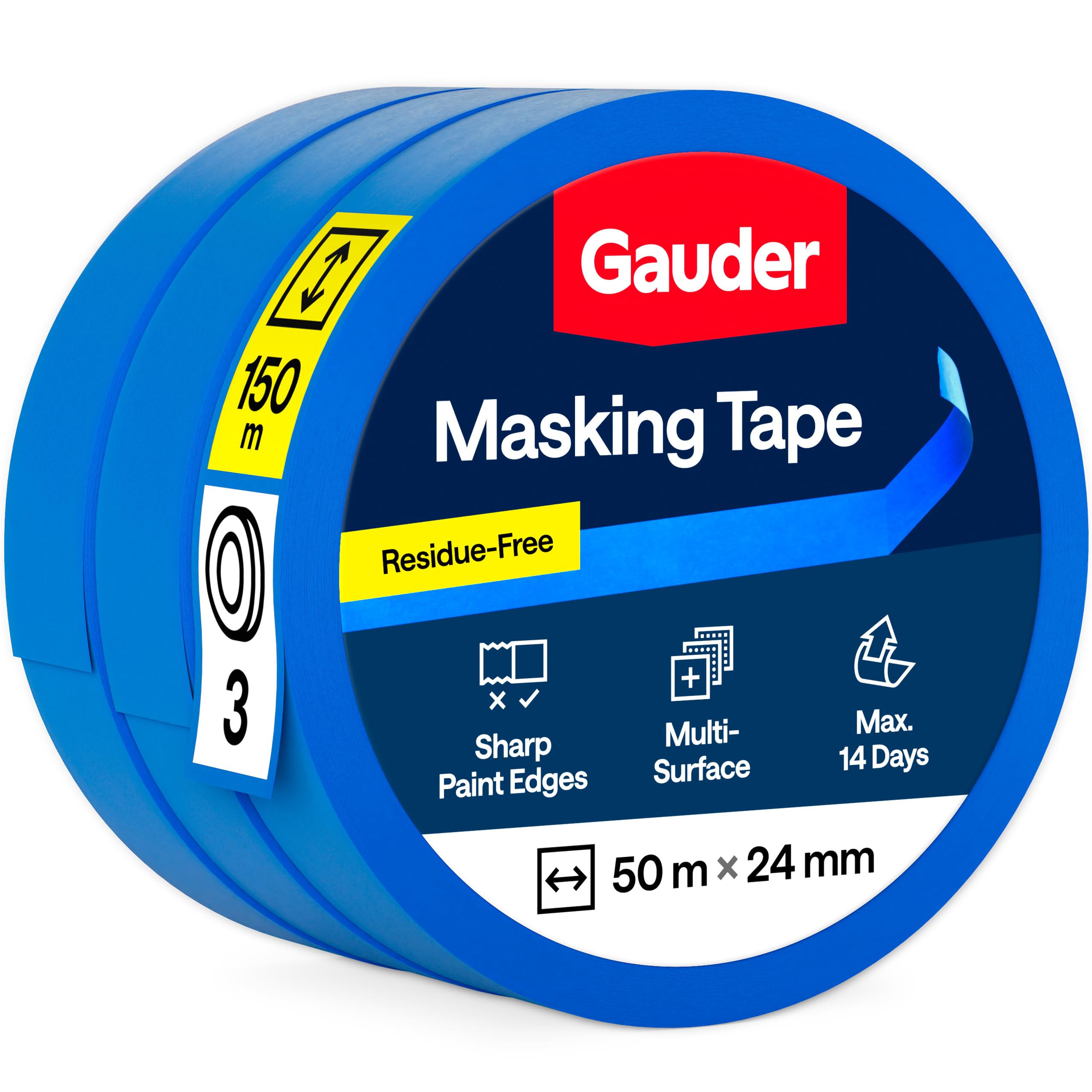 GAUDER Masking Tape for Painting - Blue Painters Tape for Precise Edges - Paint Tapes for Painting - Decorators Tapes for Renovating, Automotive, Art and DIY Projects (3 Rolls - 24 mm x 50 m)