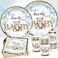 Teddy Bear Baby Shower Plates Napkins Tableware - We Can Bearly Wait Party Decorations Blue Teddy Bear Disposable Paper Plate