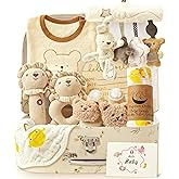 Golray 9pcs Newborn Baby Gift Baskets for Boys Girls Baby Shower, 2 Rattle/Seat Hang Toy/Blanket/Bodysuit/Bib/ 3D Socks/Wood Milestone/Carry Box, Neutral New Born Essential Stuff Unisex Baby Gifts Boy