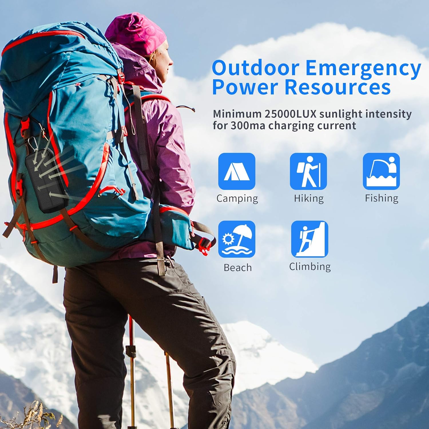 Solar Charger, 26800mAh Portable Power Bank Qi Wireless Battery Panel Charger with 4 Outputs & Dual Inputs Type-C, Waterproof External Backup Battery Pack with 18 LEDs Flashlight for Phones