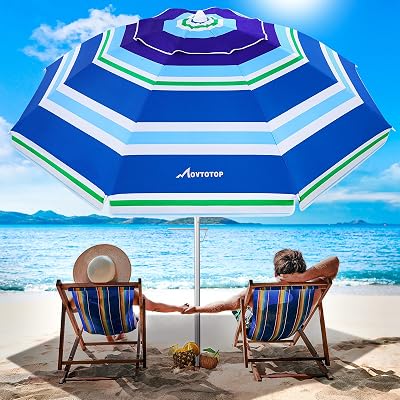 MOVTOTOP Beach Umbrella, 6.5ft Beach Umbrella with Sand Anchor &amp;amp;amp; Tilt Mechanism, Portable UV 50 Protection Beach Umbrella with Carry Bag