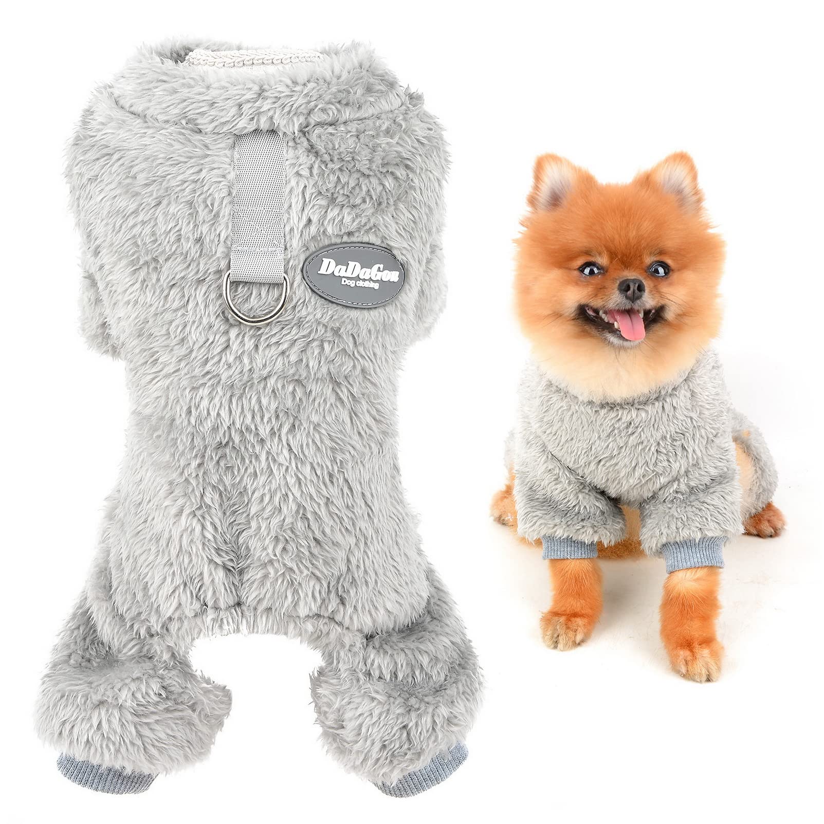 SMALLLEE_LUCKY_STORE Pet Thick Sherpa Fleece Pyjamas Pjs Jammies with D-ring for Small Dogs Cats Puppy Jumper Pajamas Jumpsuit Soft Coat Yorkie Chihuahua Warm Winter Clothes,Gray,L