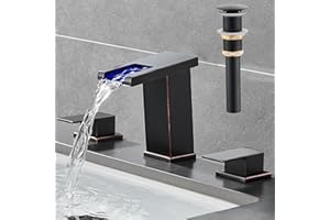 AVSIILE LED Bathroom Faucet 3 Hole, Oil Rubbed Bronze Waterfall Bathroom Faucets, 8 Inch Widespread Modern Bathroom Sink Faucet & Parts, Wide Spread Touch On Three Hole 2 Handle Bathroom Vanity Faucet