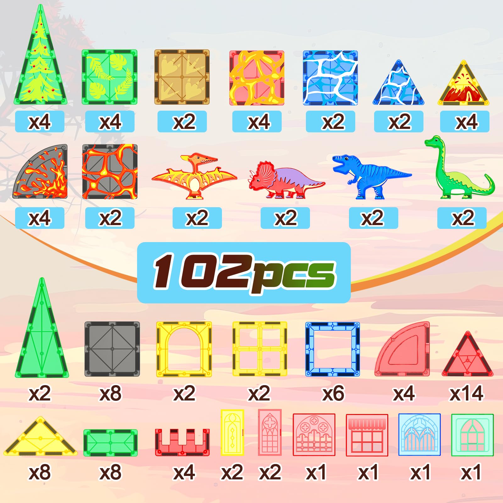 102PCS Dinosaur Toys Magnetic Tiles with 8 Dinosaurs - Jurassic Scenes Dinosaur World Adventure Set, Magnetic Blocks Kids Toys for Boys & Girls Ages 3+, Sensory Toddler Creative Kids Games Gifts