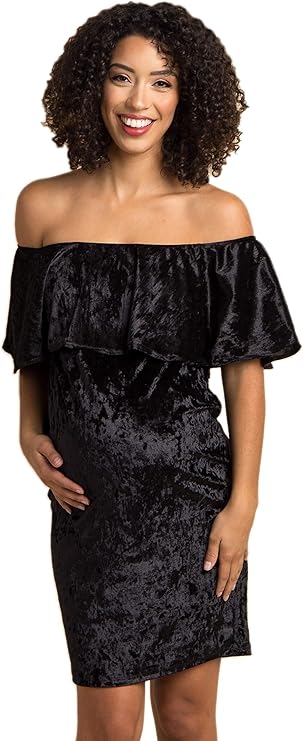 PinkBlush Maternity Crushed Velvet Off Shoulder Fitted Dress at Amazon Womenâs Clothing store
