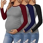 Sweetyweee 3 Pack Women's Maternity Shirts, Pregnancy Raglan Long Sleeve Tops Sides Ruched Crew Neck Color Block Mama Clothes