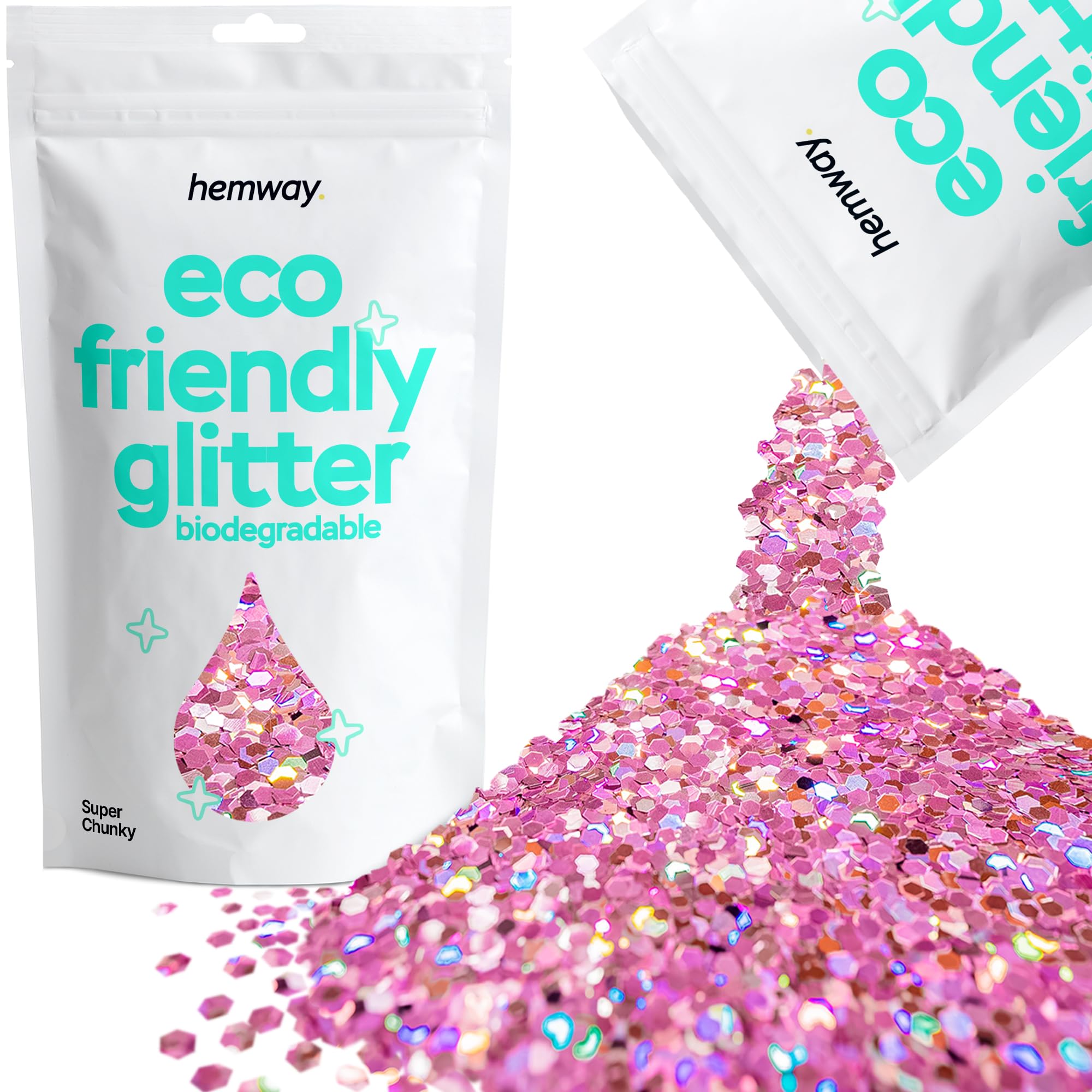 Eco Friendly Biodegradable Glitter | Pink Holographic - Super Chunky 100g, Plant Based, Biodegradable Glitter for Craft, Face, Hair, Nail, Body and Festival - Hemway