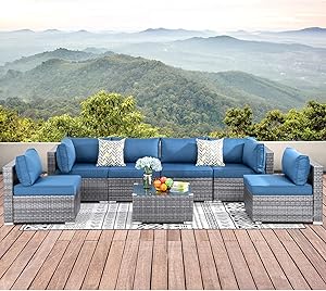 Walsunny 7pcs Patio Outdoor Furniture Sets,Low Back All-Weather Rattan Sectional Sofa with Tea Table&Washable Couch Cushions (Silver Gray Rattan) (Sliver/Aegean Blue)