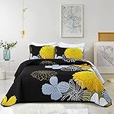 3 Pieces Yellow Floral Pattern Quilts Queen Size Coverlet Set - Lightweight Black Bedspread with 2 Pillowcases for All Season - Soft Microfiber Reversible Bedding Quilt Set (Yellow/Black, 96''x90'')