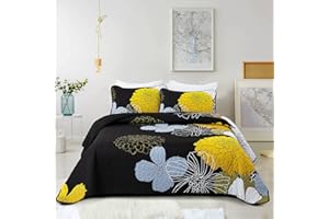 ANIBEDDING 3 Pieces Yellow Floral Pattern Quilts Queen Size Coverlet Set - Lightweight Black Bedspread with 2 Pillowcases for All Season - Soft Microfiber Reversible Bedding Quilt Set (Yellow/Black, 96''x90'')