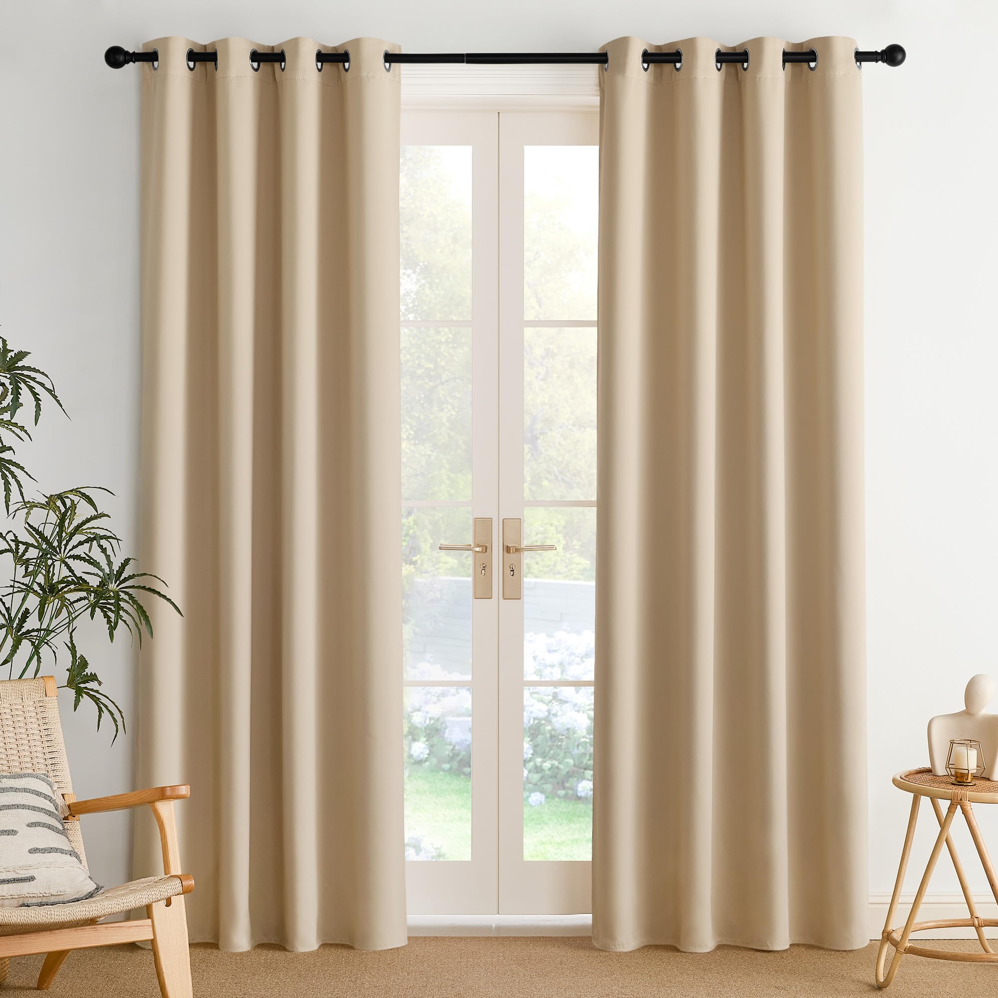 Photo 1 of NICETOWN Biscotti Beige Blackout Thermal Grommet Curtains 2 Panels Set, W52 Soundproof Light Blocking Shades for Living Room, Bedroom, Window, Girls Room - Breathable, W52 x L84