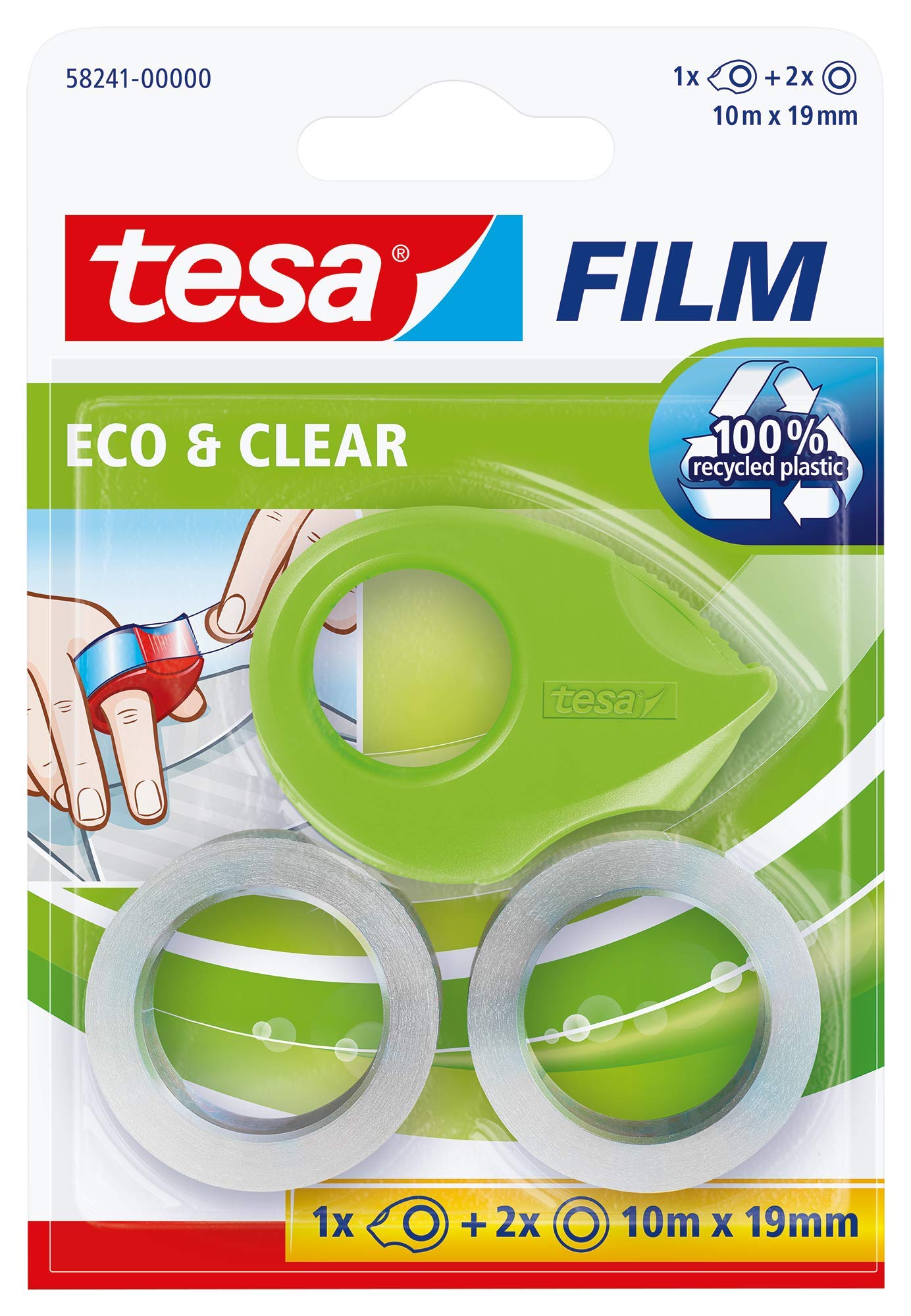 tesafilm Mini Finger Dispenser ecoLogo includes 2 Rolls of tesafilm Eco and Clear Adhesive Tape - Green , 10m x 19mm