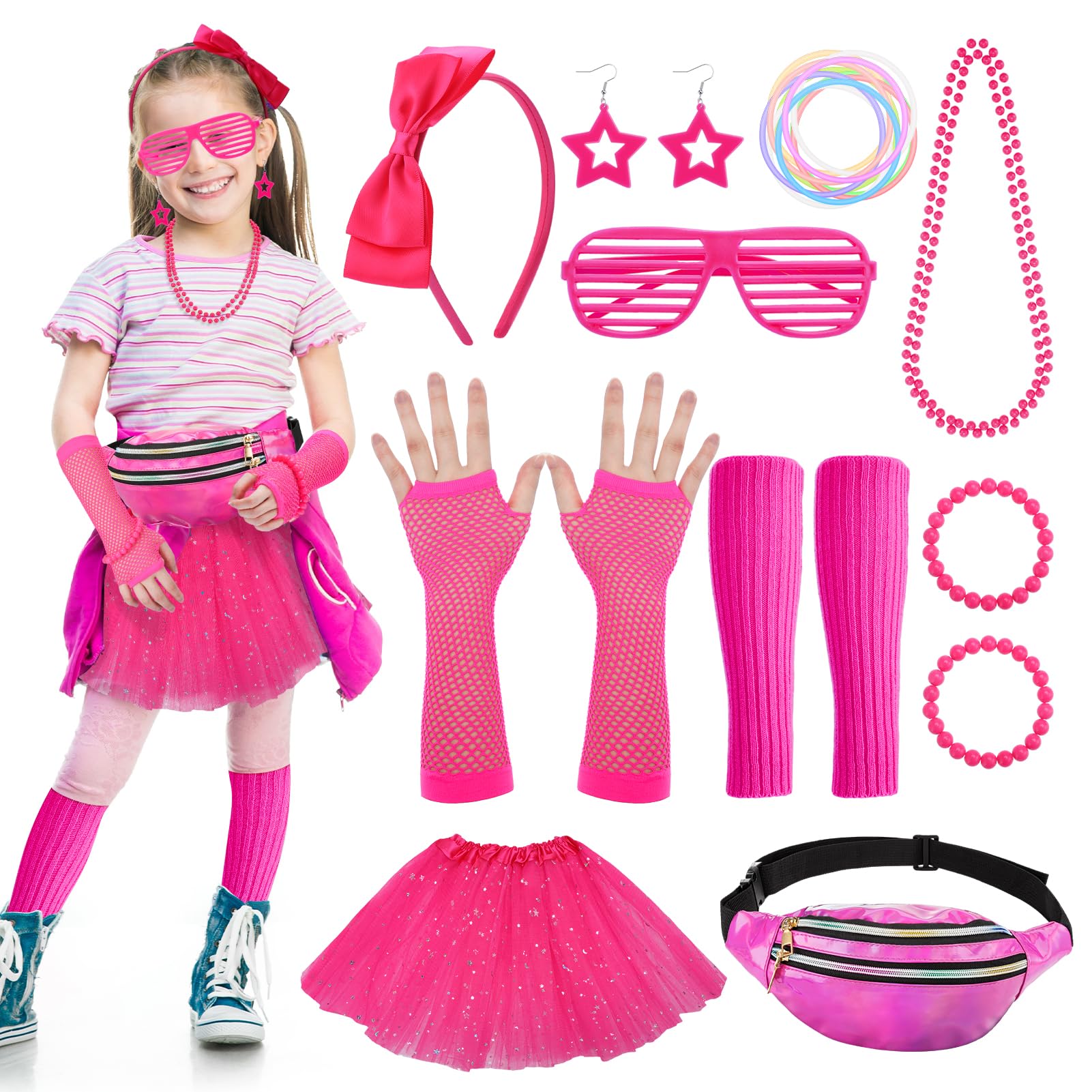 Partideal 80s Fancy Dress for Girls,23Pcs 1980s Fancy Dress Costumes Accessories Set Kids Tutu Leg Warmers Fishnet Gloves Necklace Bracelets Bow Headband Star Earrings Glasses Bumbag Rave Accessories