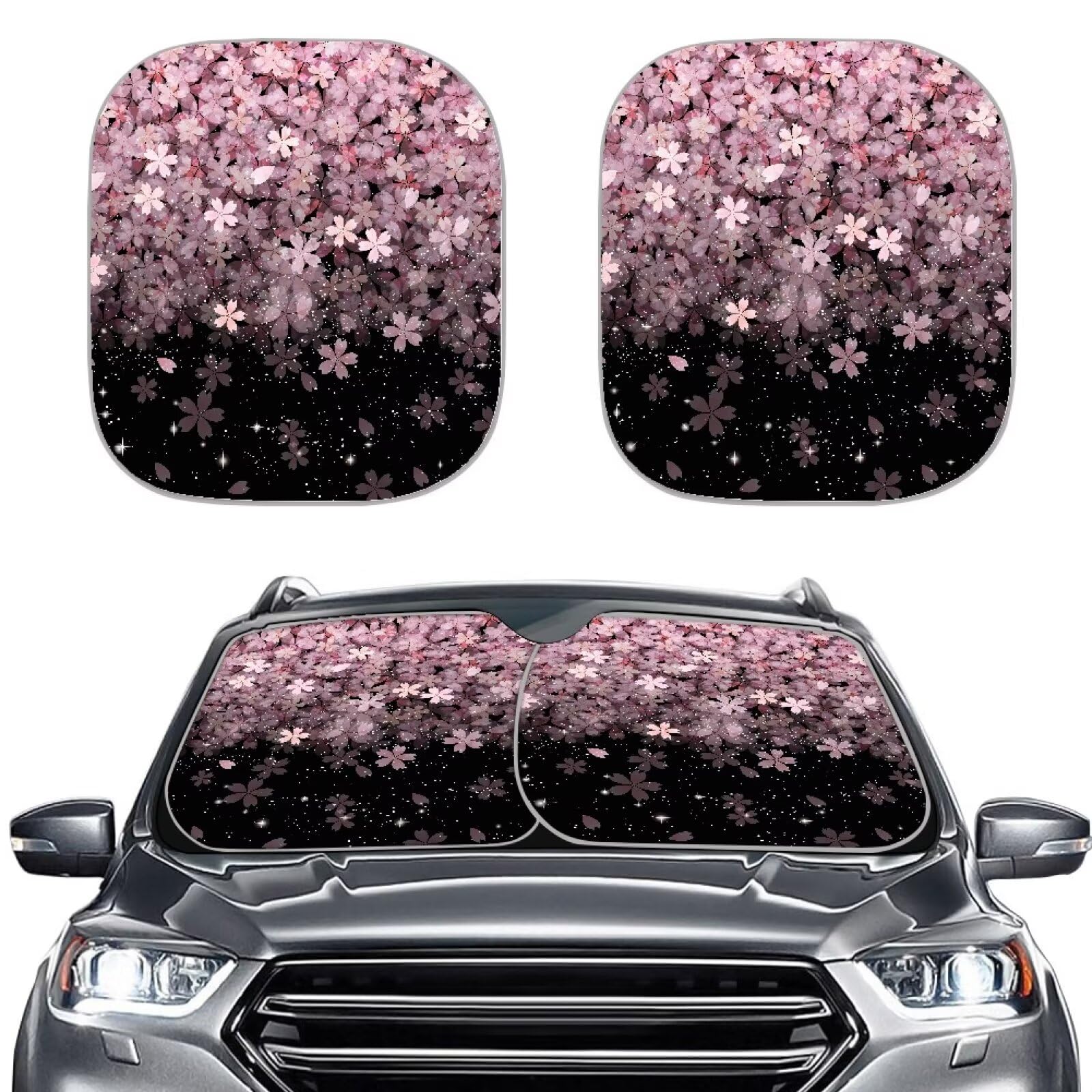 Photo 1 of STUOARTE Cute Cherry Blossom Print Windshield Sun Shade - 2 Pcs Foldable Anti UV Reflect Sun and Heat Car Front Window Sunshades Universal Fit for Most Sedans SUV Truck, Keep You Car Cool